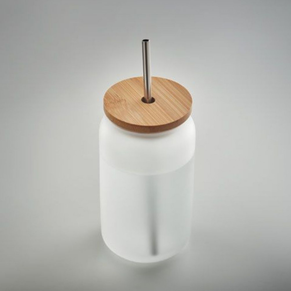 Preview: Sublimation Trinkglas mit Bambusdeckel inkl. Trinkhalm 400ml